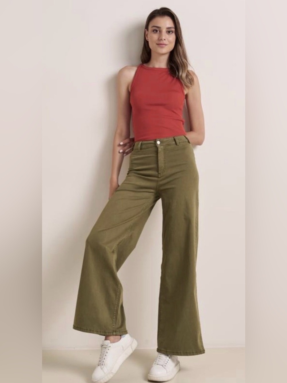 Jimmy Key Lyocell Cotton Wide Leg Pants Khaki Green High Rise Size L Casual